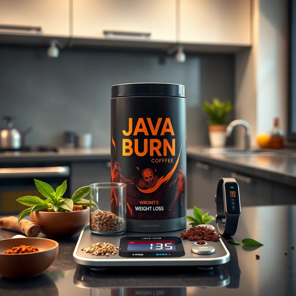 A dynamic image of Java Burn Coffee in a modern kitchen with a digital scale displaying weight loss measures and a fitness tracker beside it. Ingredients like green tea and spices are artistically arranged, capturing the theme of fitness and vitality.