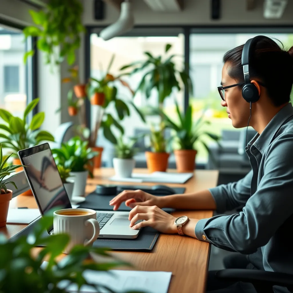 A dynamic office environment showcasing a focused professional working at a desk with a laptop, surrounded by vibrant potted plants. On the desk, a mug of bulletproof coffee sits alongside a bustling workspace, symbolizing energy and productivity.