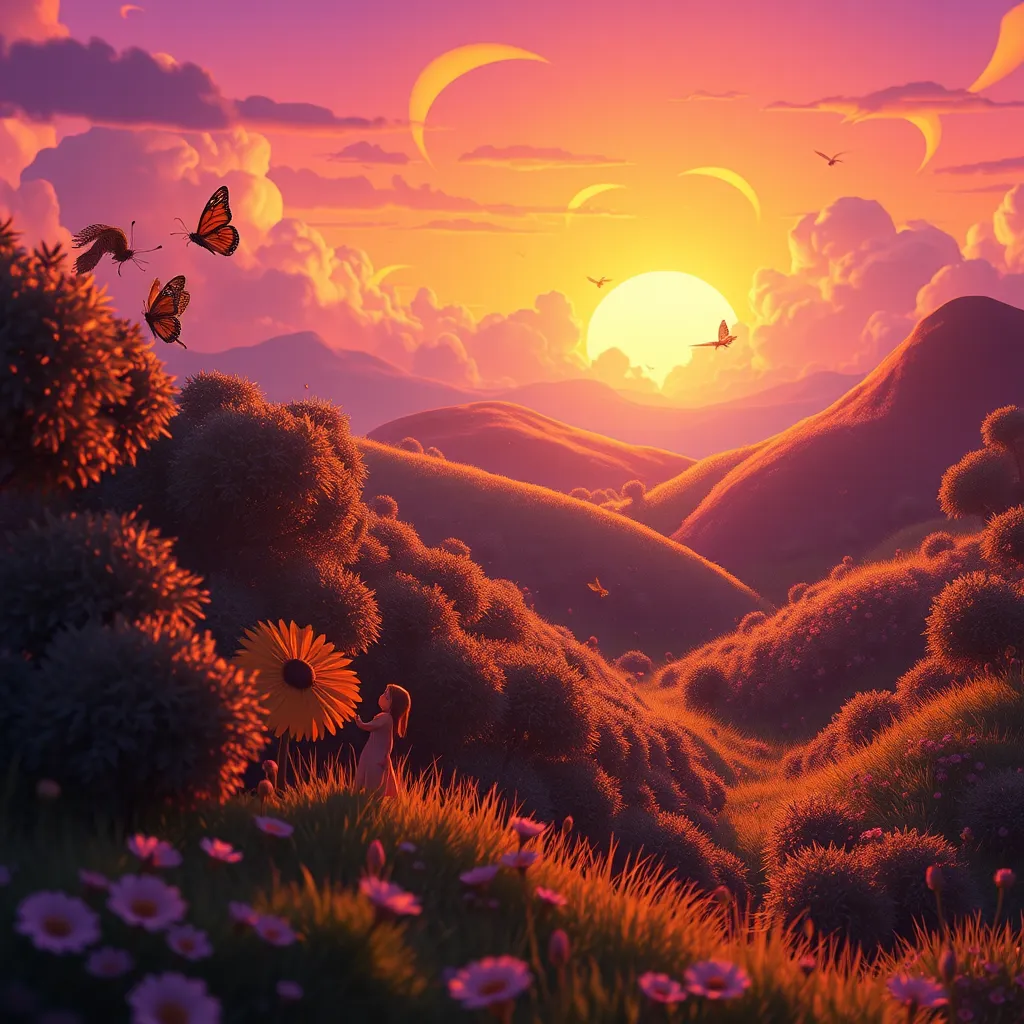 A dynamic scene from an animated poetry film featuring a surreal landscape where words come to life. The vibrant colors range from deep purples to golden yellows, creating a dreamy, whimsical mood. The composition highlights animated characters interacting with flowing text elements that intersect with nature—words transforming into butterflies and flowers. Lighting conditions showcase a soft sunset, casting a warm glow across the scene. The camera angle is a cinematic view, transitioning smoothly between different elements like a lush forest and an animated sky filled with swirling clouds. Textures include painterly brush strokes and smooth animations, providing a rich visual experience. Environmental features involve gentle rolling hills and abstract forms in the distance, integrating elements of fantasy. The visual style is influenced by Studio Ghibli and similar filmmakers, ensuring it’s hyper-realistic and expressive, rendered beautifully in 8K resolution.