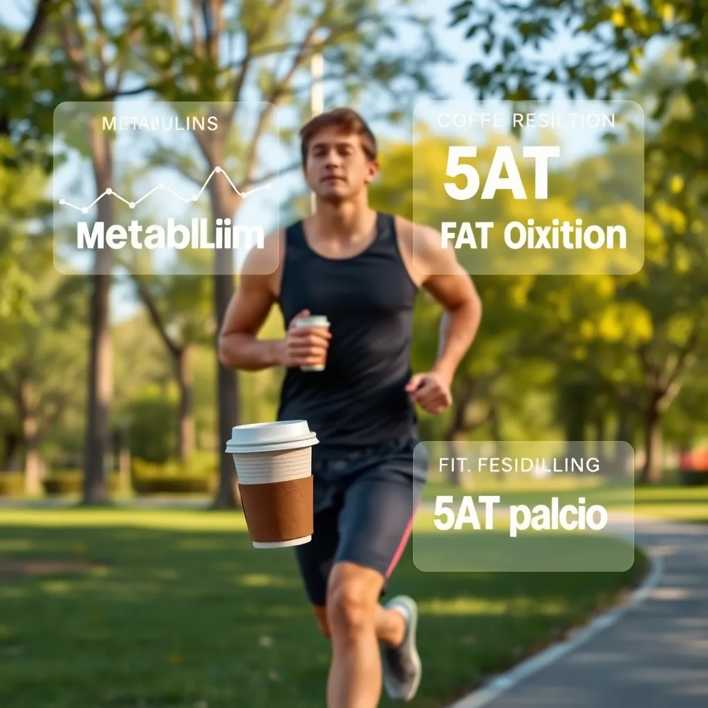 A dynamic scene showing a fit person jogging in a park, with a to-go cup of coffee in hand. In the background, infographics about metabolism and fat oxidation are overlaid on the greenery, illustrating the health benefits of coffee in an engaging manner.