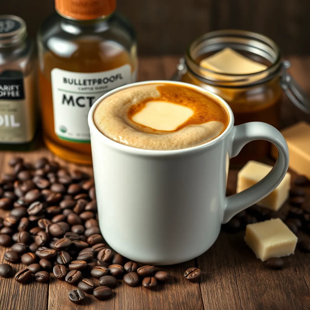 A high-quality, photorealistic image of a classic Bulletproof coffee in a white ceramic mug, topped with frothy buttery foam, surrounded by coffee beans, a jar of MCT oil, and a pat of grass-fed butter on a wooden table.