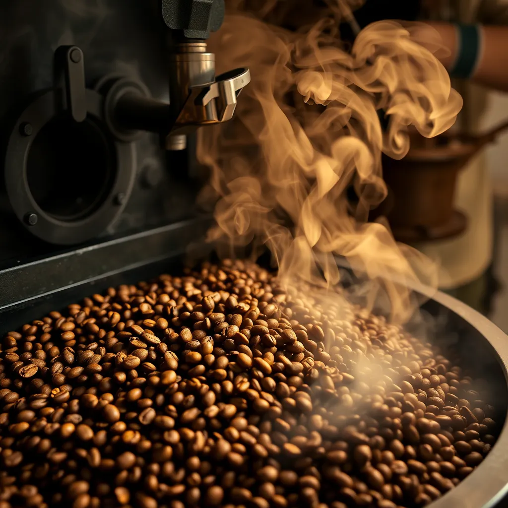 A high-quality image of coffee beans being roasted in a traditional roaster, with rich, aromatic smoke rising. Capture the transformation of the beans from green to deep brown, along with an artisan in the process, highlighting the roasting craftsmanship.