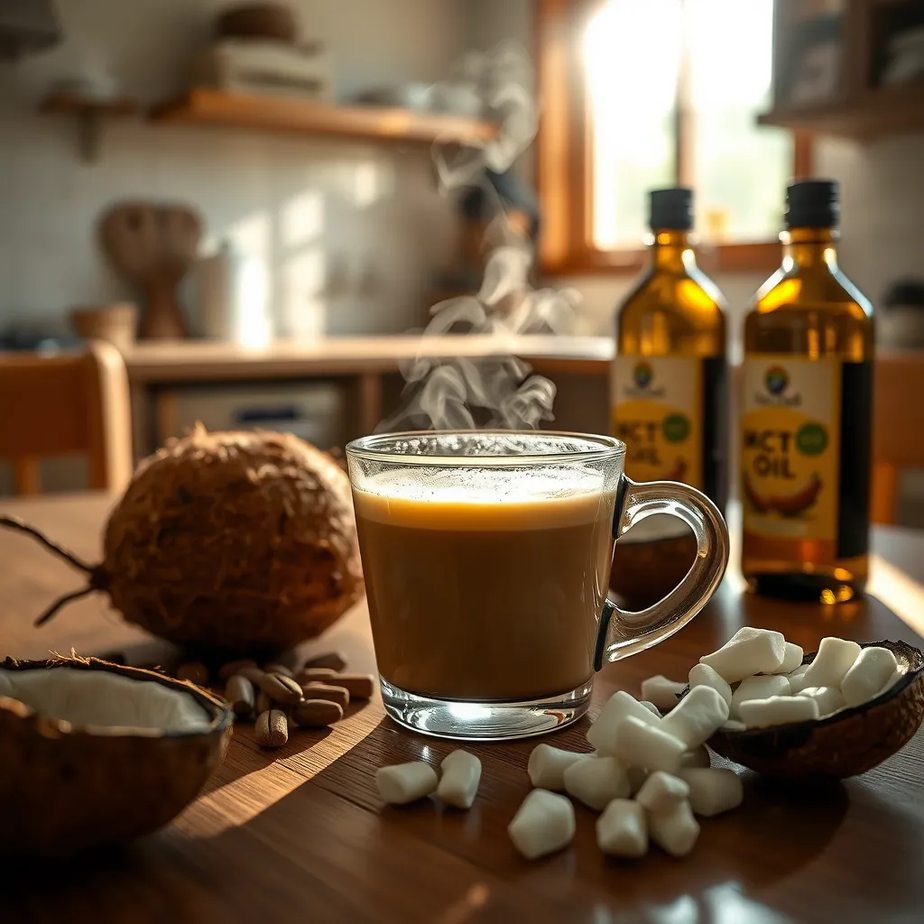 A high-quality photo of a steaming cup of coffee blended with MCT oil, surrounded by coconut shells and MCT oil bottles, on a wooden table in a bright kitchen setting. The sunlight casts a warm glow, highlighting the creamy texture of the coffee.