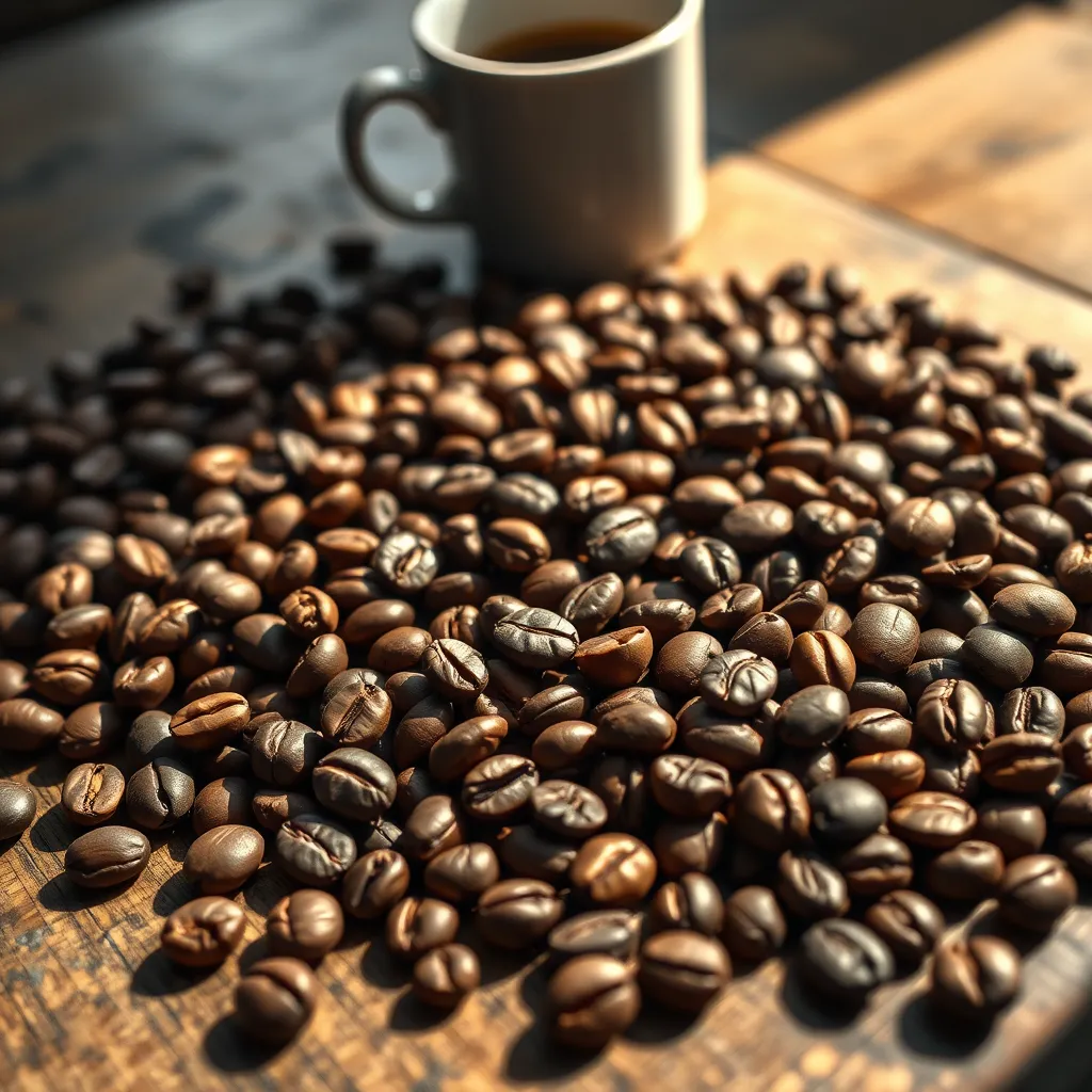 A high-resolution image of a selection of premium coffee beans spread out on a rustic wooden table, showcasing various roast levels and origins. Natural light casts soft shadows, highlighting the textures and glistening oils of the beans, with a coffee cup in the background.