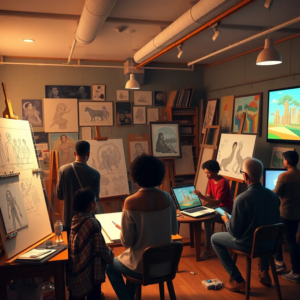 A lively art studio filled with diverse artists and poets collaborating on various projects. The scene should feature canvases, sketches, and animated artworks on screens, symbolizing a fusion of creativity, with warm lighting to evoke a sense of community and connection.