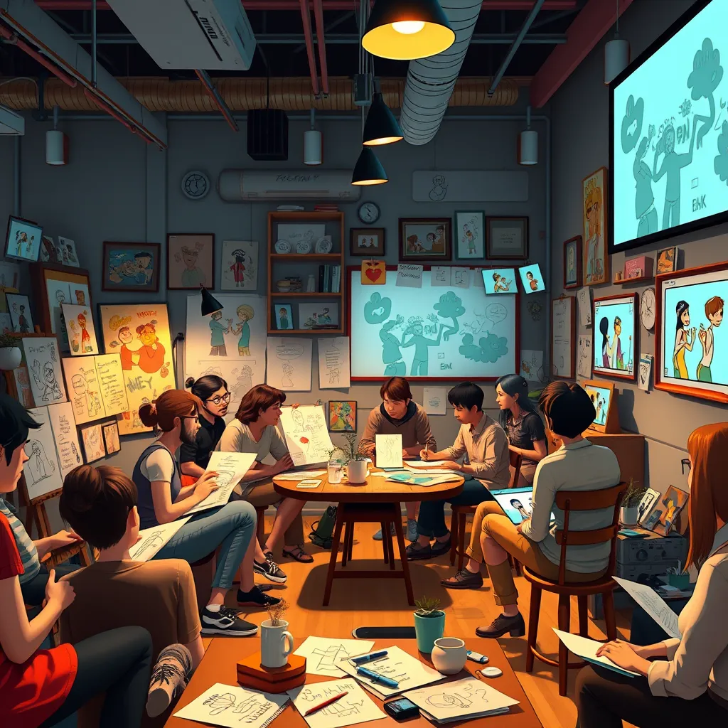 A lively workshop setting filled with diverse artists, poets, and animators engaged in collaborative projects. The room bursts with vibrant sketches, poetry notes, and digital screens showing animation clips, symbolizing a fusion of ideas and creativity in action.