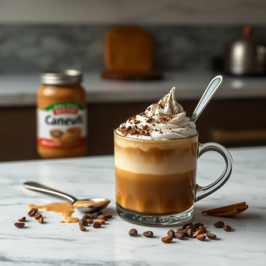 A luxurious Bulletproof Coffee topped with whipped coconut cream, cacao powder, and almond butter on the side, beautifully arranged on a marble countertop, with scattered cacao nibs and a decorative spoon, conveying indulgence and health.