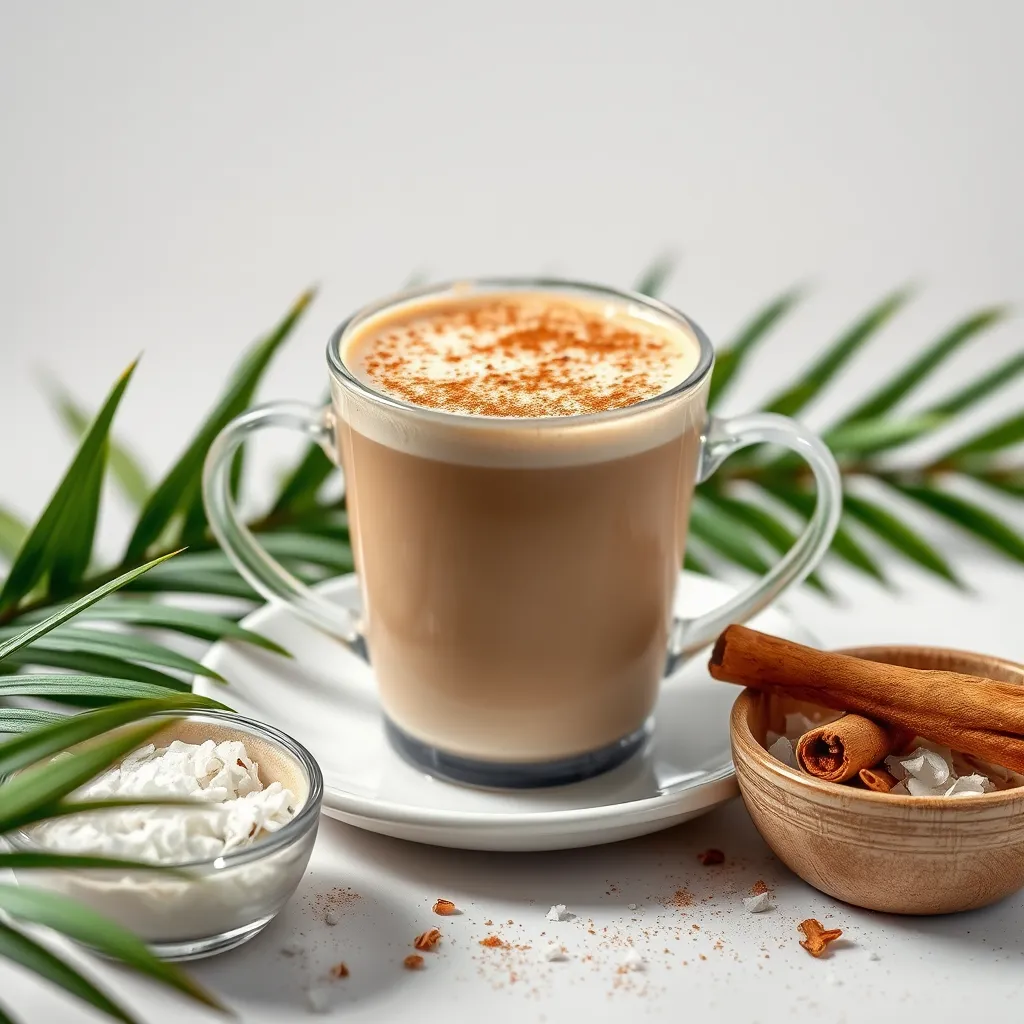 A luxurious cup of Bulletproof coffee made with coconut milk and topped with a sprinkle of cinnamon. It sits on a white ceramic saucer, accompanied by a small bowl of shredded coconut and cinnamon sticks. In the background, a lush tropical plant borders the frame.