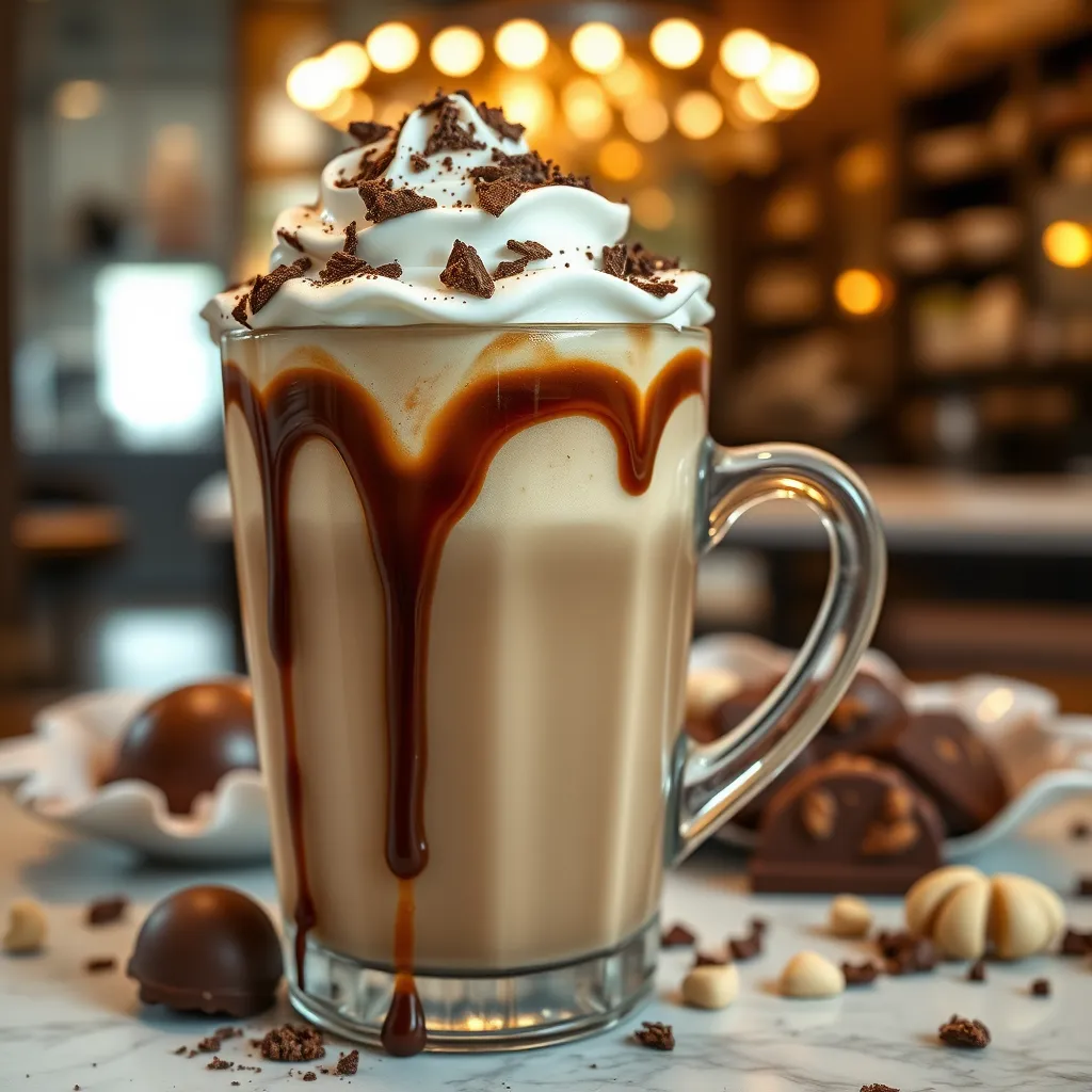 A luxurious cup of chocolate hazelnut bulletproof coffee with a glossy layer of chocolate sauce drizzling down the sides. The drink is topped with whipped cream, crushed hazelnuts, and chocolate shavings, set against a backdrop of elegant chocolate truffles and a warm, inviting café ambiance.