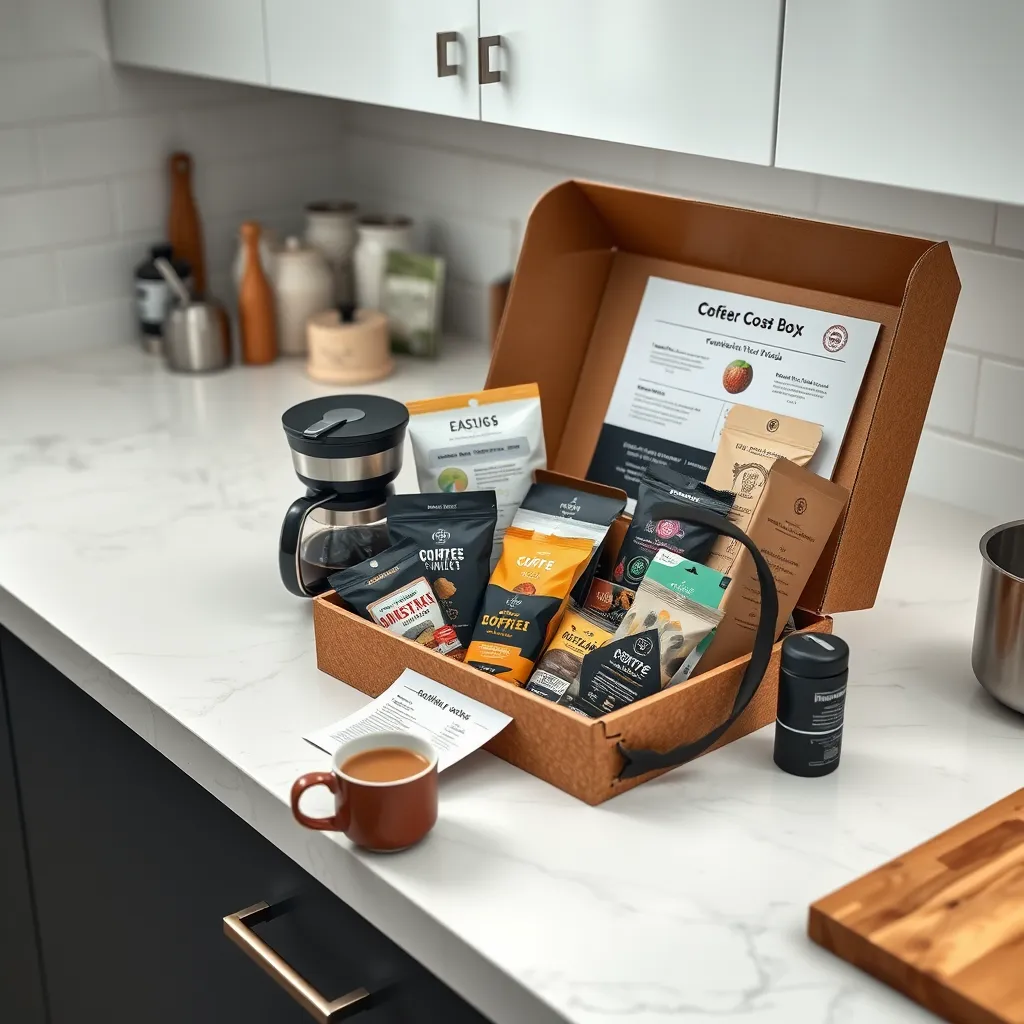 A modern kitchen countertop featuring an open subscription box filled with various coffee selections, gourmet snacks, and tasting notes. The scene includes a brewing setup and a steaming cup of coffee, illustrating the joy of discovering new flavors monthly.