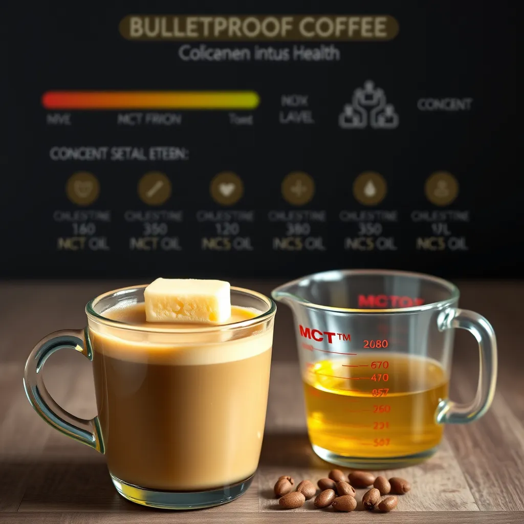 A photorealistic image depicting a cup of Bulletproof Coffee with a layer of butter on top, placed next to a measuring cup filled with MCT oil. Include a concerned health infographic in the background showing cholesterol levels.