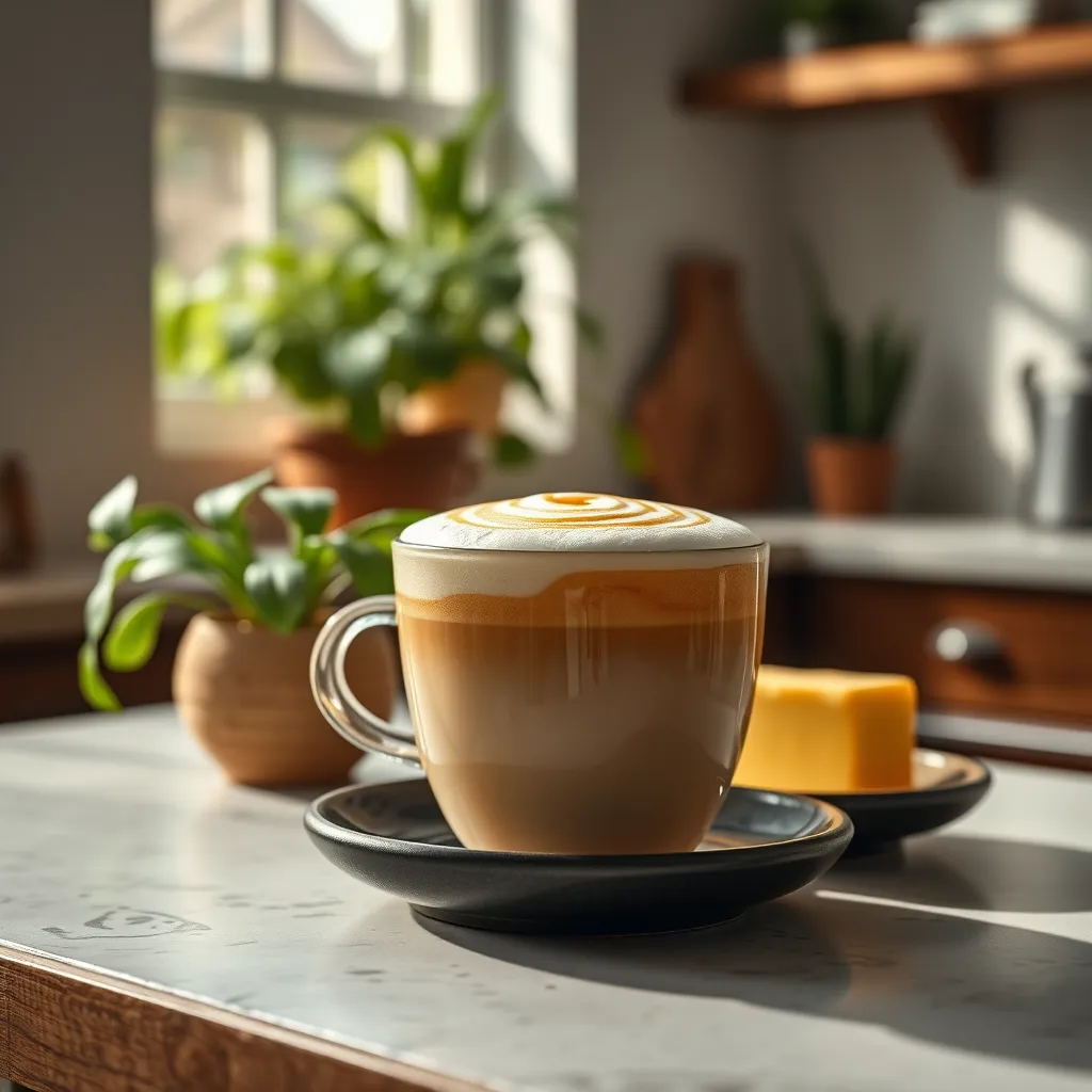 A photorealistic image of a latte topped with a swirl of frothy grass-fed butter, with a rustic butter dish nearby. The background shows a serene kitchen with plants and natural light pouring in, creating a warm and inviting atmosphere.