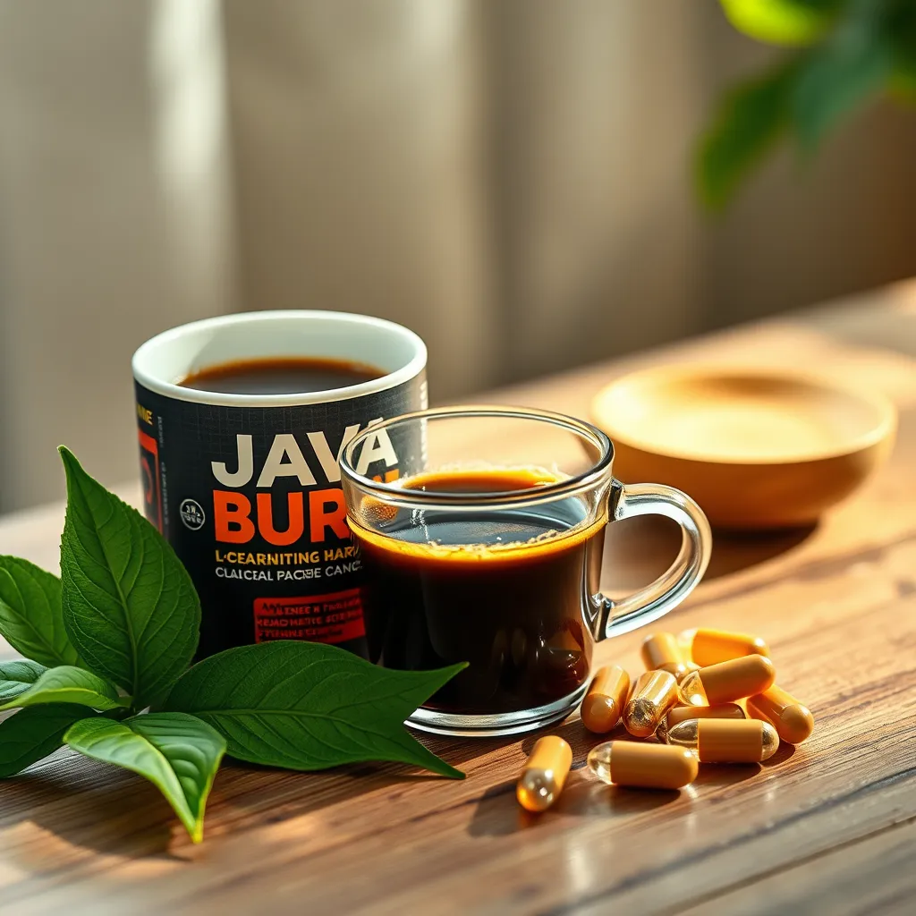 A photorealistic image showing a steaming cup of Java Burn Coffee beside a fresh green tea leaf and L-carnitine capsules on a wooden table, with soft natural lighting highlighting the freshness of the ingredients.