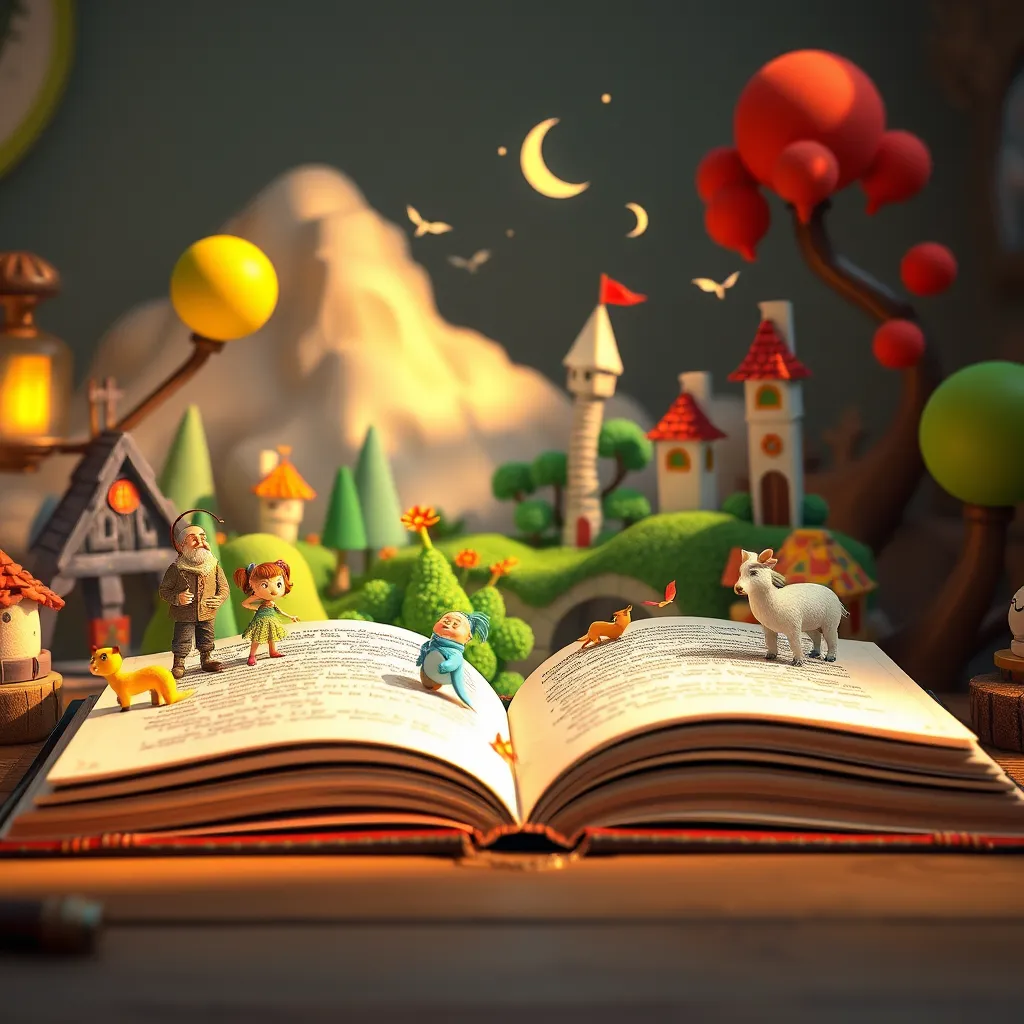 A photorealistic rendering of a whimsical, animated book opening to reveal colorful characters and landscapes that come to life. The scene should include visual elements displaying poetry lines floating off the pages, creating an enchanting and interactive atmosphere.