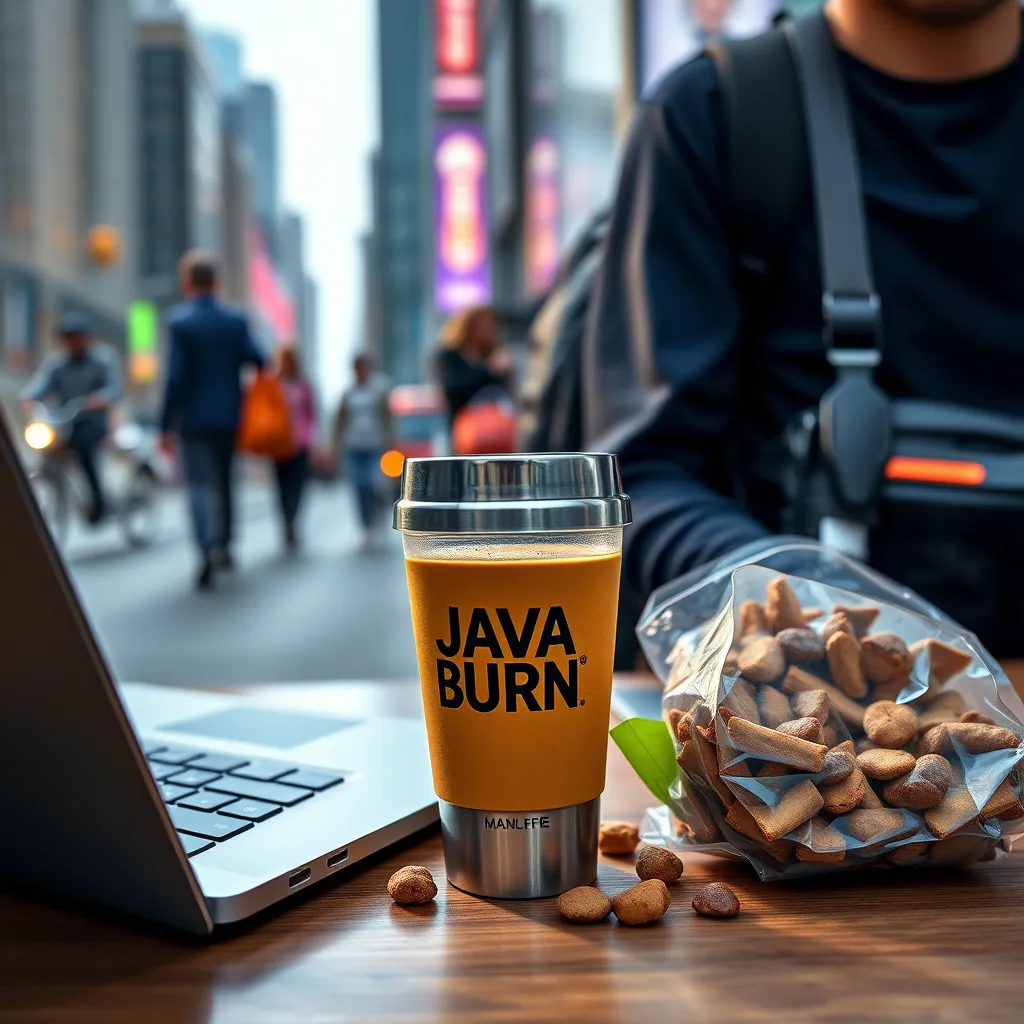 A photorealistic scene depicting a busy lifestyle with Java Burn Coffee in a travel mug next to a laptop and healthy snacks. The setting showcases a dynamic urban environment, emphasizing convenience and modern living.
