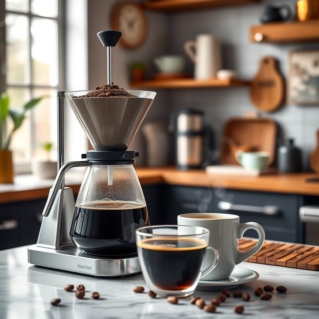 A photorealistic scene of an artisan coffee brewing setup, featuring a pour-over coffee maker, freshly ground coffee, and a steaming cup of coffee on a stylish countertop. The background should include a cozy kitchen with soft lighting and coffee-related decor.