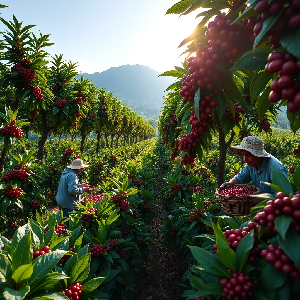 A picturesque coffee plantation with lush green coffee trees, ripe red coffee cherries, and farmers collecting beans. Include a sunny sky and mountains in the background, emphasizing the beauty of sustainable coffee farming.