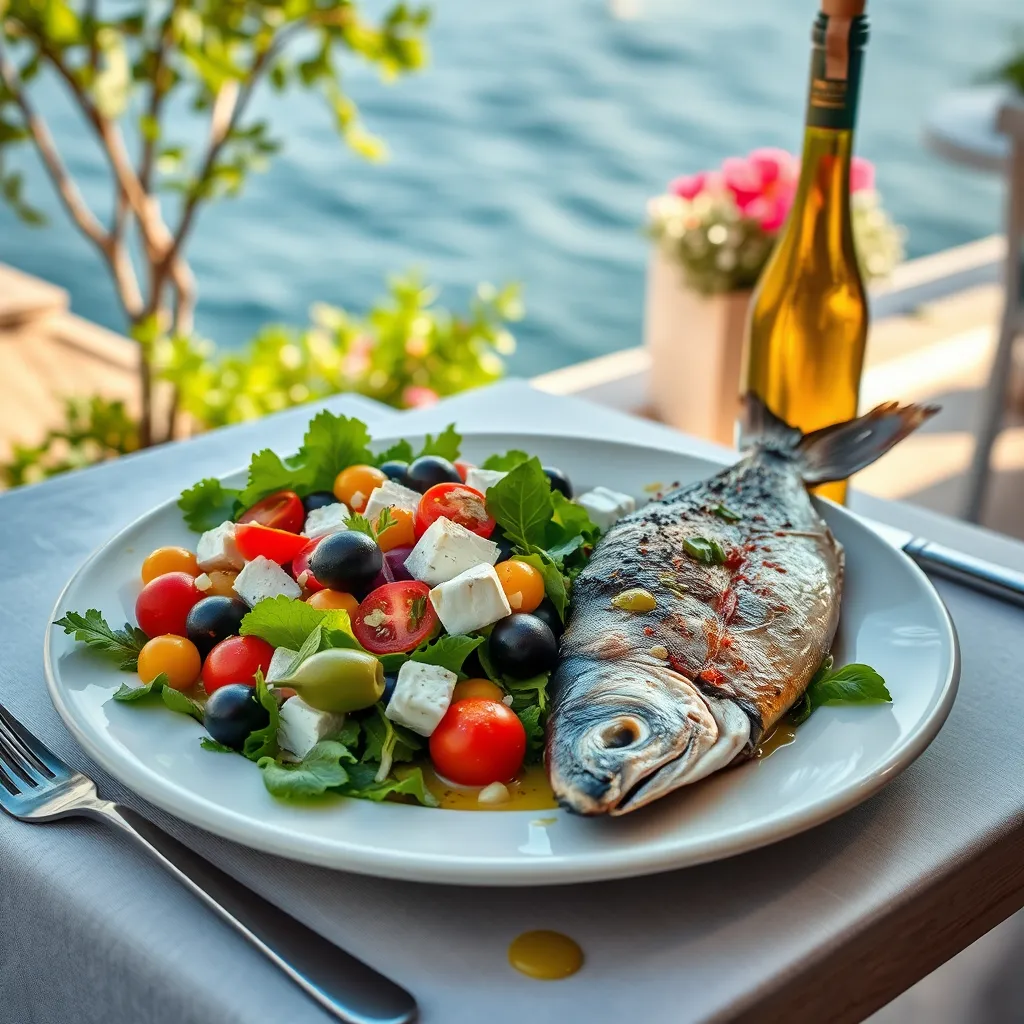 A picturesque Mediterranean-style meal showcasing a colorful salad with olives, tomatoes, and feta cheese, accompanied by grilled fish drizzled with olive oil, all served on a sunny terrace overlooking the sea.