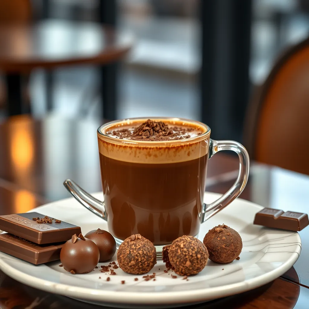 A rich, dark mocha bulletproof coffee in a stylish mug, with chocolate shavings sprinkled on top. The setting features a plate of chocolate truffles and a chocolate bar beside the drink, all displayed on a sophisticated cafe table.
