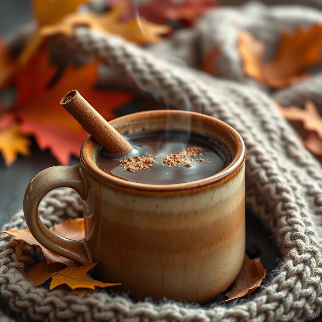 A rustic ceramic mug filled with spiced mocha bulletproof coffee, steam rising, garnished with a sprinkle of cocoa and a cinnamon stick, set against a backdrop of autumn leaves and a knitted scarf, evoking a warm, cozy atmosphere.