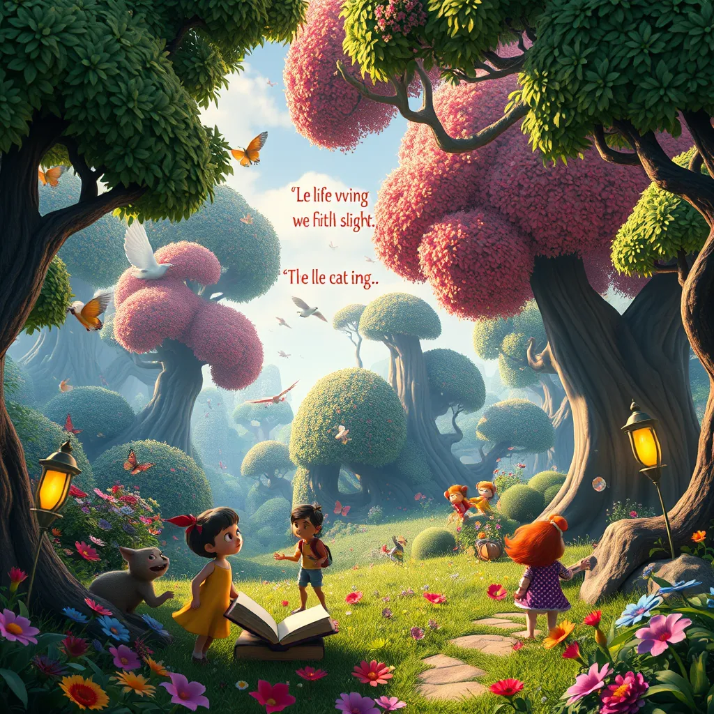 A scene from an animated movie featuring a whimsical landscape with colorful characters interacting in a vibrant, enchanted forest. Elements like floating books and animated quotes visually intertwine with the scenery, creating a dynamic sense of storytelling and movement.