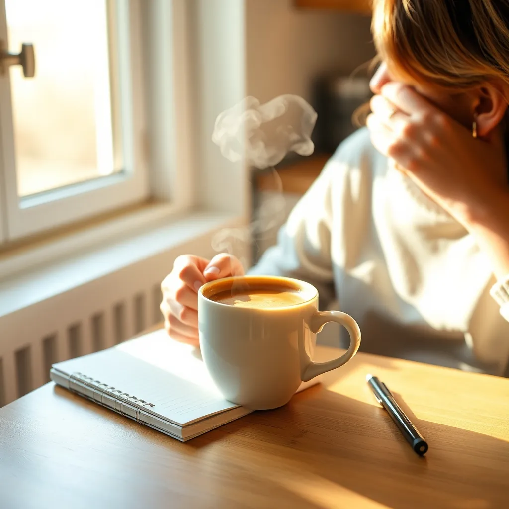 A serene morning scene featuring a person sitting at a sunlit kitchen table with a steaming cup of bulletproof coffee. A notebook and pen are beside them, indicating they're deep in thought. Soft sunlight filters through a window, highlighting the coffee's rich texture.
