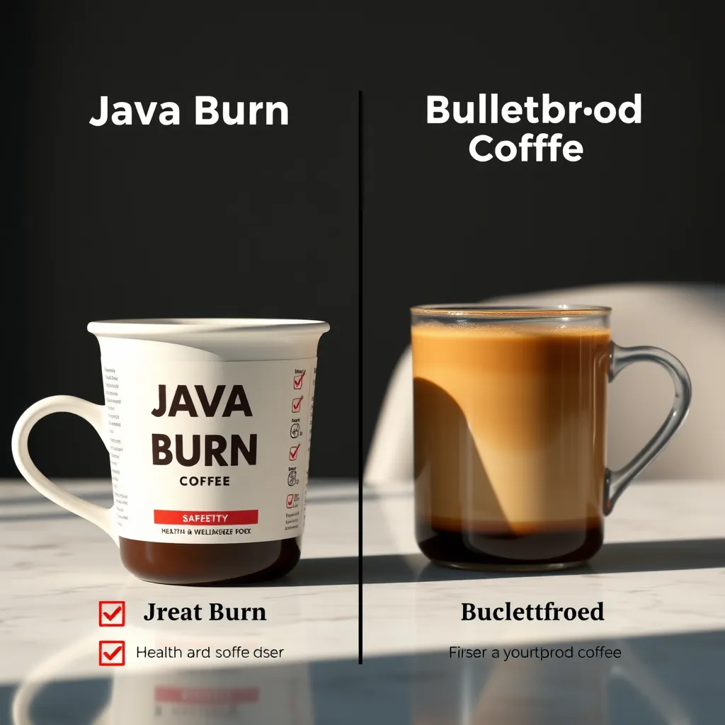 A side-by-side photorealistic image of a cup of Java Burn Coffee and Bulletproof Coffee on a table, with a checklist comparing their safety features. Include icons representing health and wellness for Java Burn and concerns for Bulletproof Coffee.