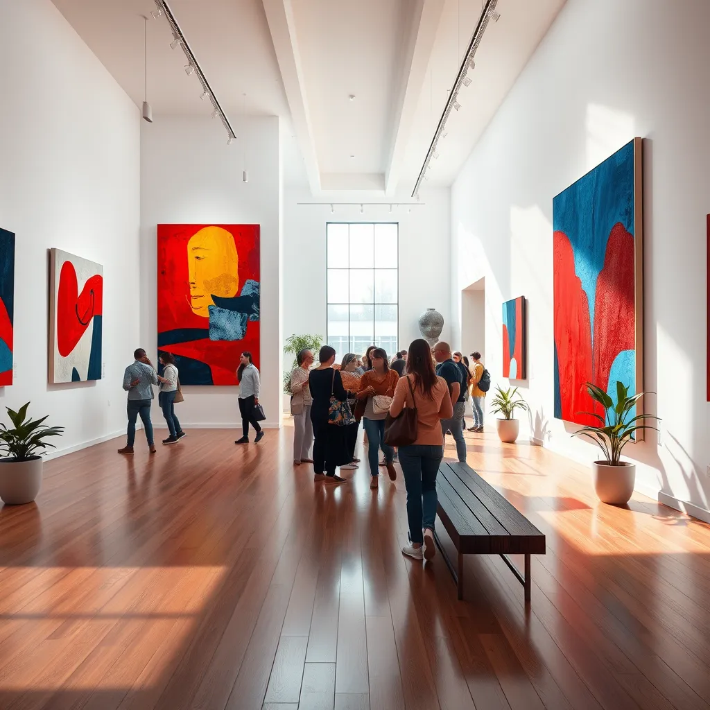 A spacious contemporary art gallery showcasing vivid, modern artwork on white walls. The composition features large abstract paintings and sculptures, with soft diffused lighting that highlights the textures of the artworks. The color palette is vibrant, incorporating bold reds, blues, and yellows, creating an inviting and stimulating atmosphere. The camera angle is slightly elevated, offering a wide perspective of the gallery space filled with art lovers interacting with the artworks. The polished wooden flooring reflects the soft ambient light, enhancing the warmth of the room. Dramatic shadows are cast on the walls, adding depth. Background elements include a large window allowing natural light to filter in, plants in modern pots, and benches for visitors to rest. The style references contemporary art photography, emphasizing a hyperrealistic detail level, ideally captured in 8K resolution.