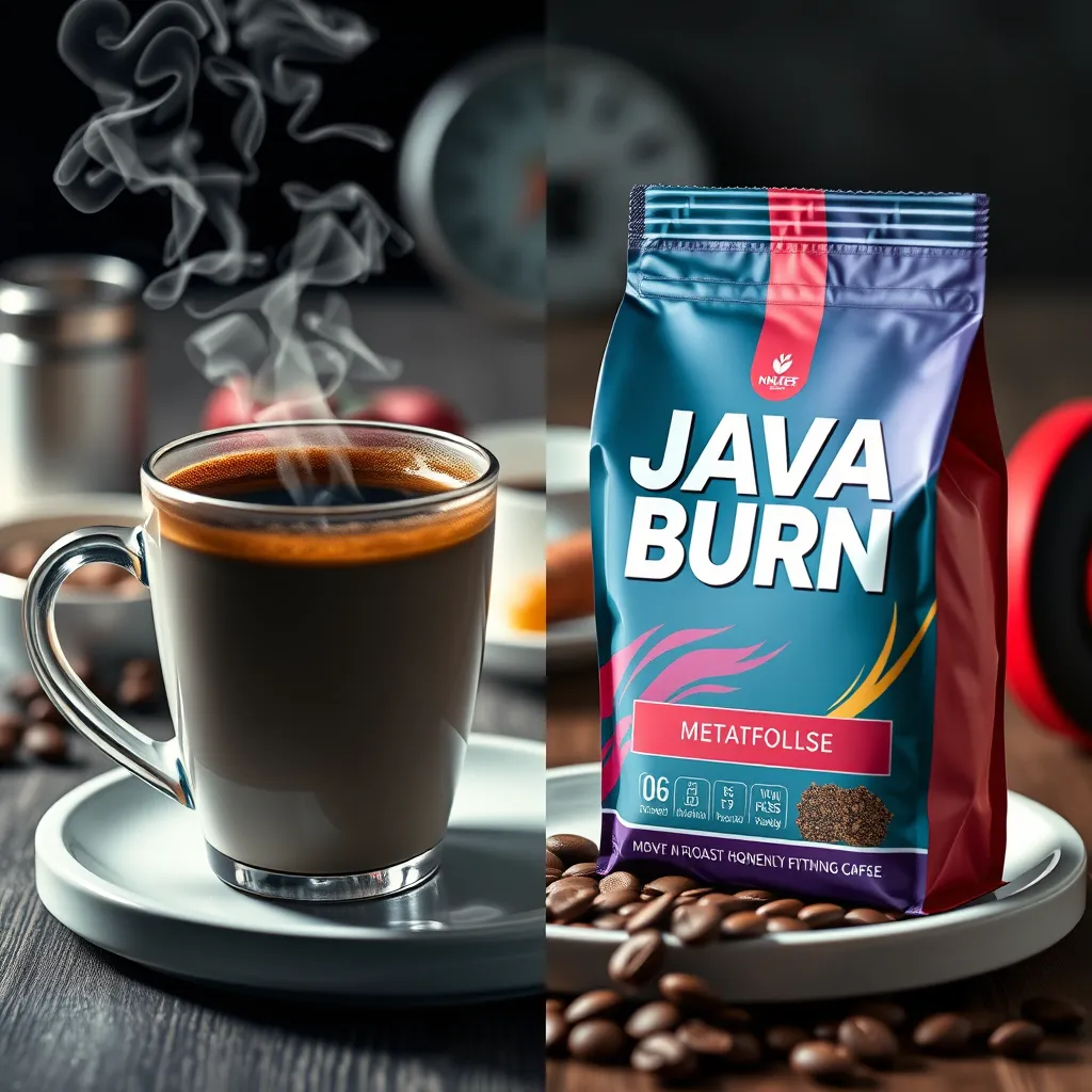 A split image showing a steaming cup of coffee on one side and a vibrant packet of Java Burn Coffee on the other. Background featuring a scale and fitness items, highlighting the theme of weight loss and metabolism enhancement.