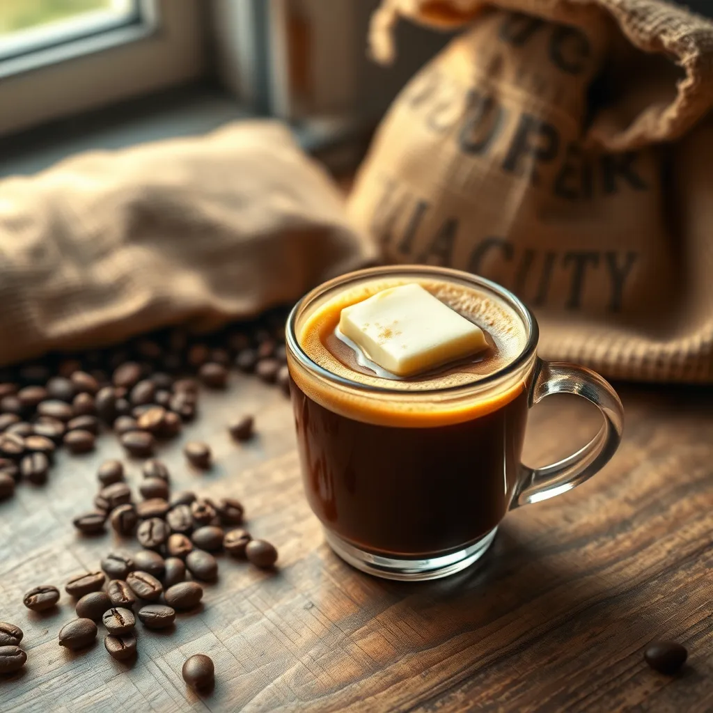 A steaming cup of bulletproof coffee on a wooden table, topped with a dollop of frothy butter and a drizzle of MCT oil. The scene is warm and inviting, surrounded by coffee beans, a textured burlap sack, and a hint of morning sunlight streaming through a window.