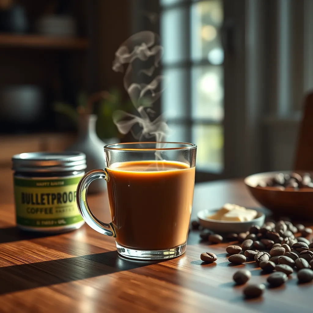 A steaming cup of bulletproof coffee on a wooden table, surrounded by ingredients such as a small jar of MCT oil, a pat of grass-fed butter, and coffee beans, with soft morning light filtering through a nearby window.