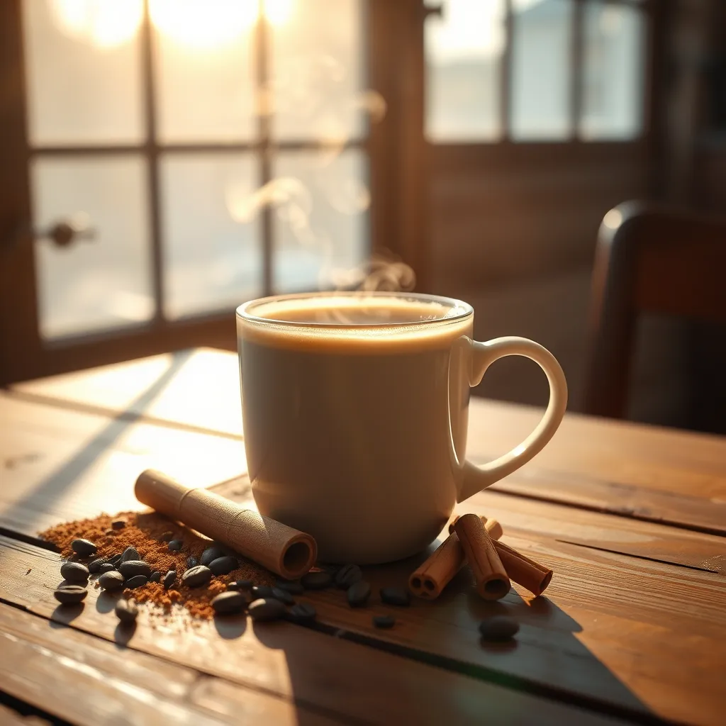 A steaming cup of Bulletproof coffee with a sprinkle of cinnamon and vanilla beans arranged artfully beside it, set on a rustic wooden table, with warm morning light streaming through a window, creating an inviting and cozy atmosphere.