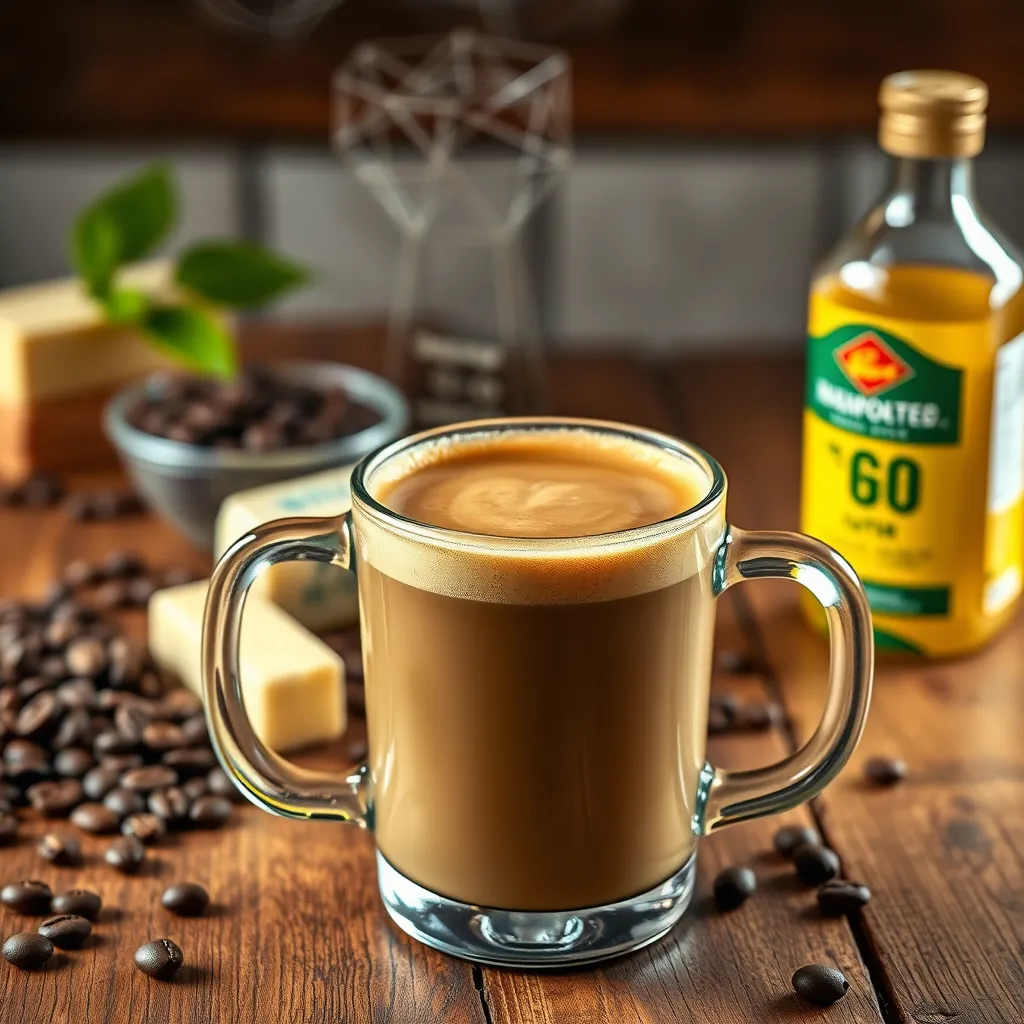 A steaming cup of classic bulletproof coffee topped with a frothy layer, served in a sleek glass mug. The background features fresh coffee beans, a stick of grass-fed butter, and a bottle of MCT oil on a rustic wooden counter.