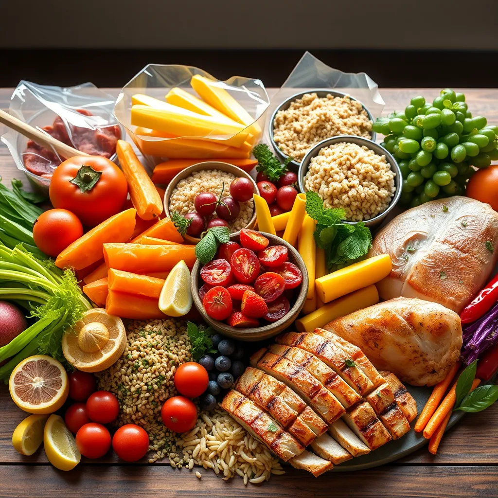 A vibrant, photorealistic display of various nutrient-rich foods including a rainbow of fruits and vegetables, whole grains like quinoa and brown rice, and lean proteins such as grilled chicken and fish, arranged artfully on a wooden table.