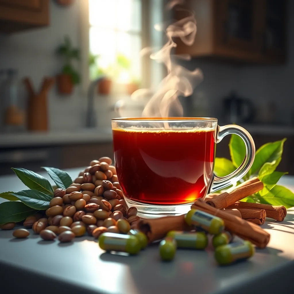A vibrant, photorealistic image of a steaming cup of coffee, surrounded by natural ingredients like green coffee beans, cinnamon sticks, and a few capsules of Java Burn. The background is a serene kitchen setting with light streaming in.