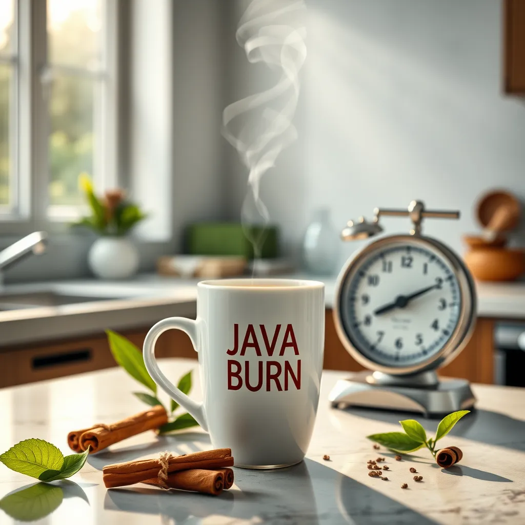 A vibrant, photorealistic image of a steaming cup of Java Burn Coffee on a kitchen countertop, surrounded by natural ingredients like green tea leaf, cinnamon stick, and a balance scale symbolizing health. Soft morning light streaming through a window.