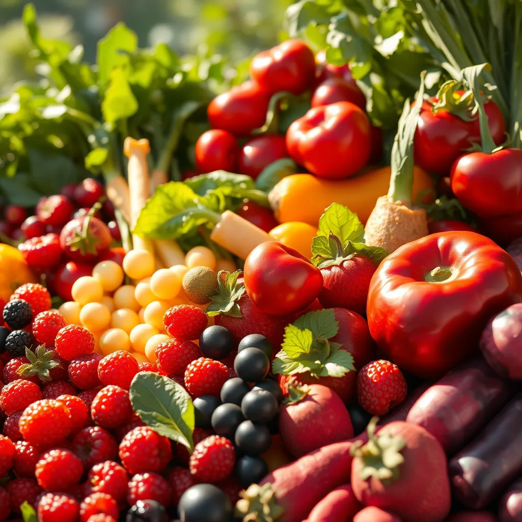 A vibrant, photorealistic scene showcasing a diverse collection of fresh fruits and vegetables, including vivid berries, leafy greens, and colorful root vegetables, artistically arranged in a natural setting, with soft sunlight illuminating their textures, emphasizing health and vitality.