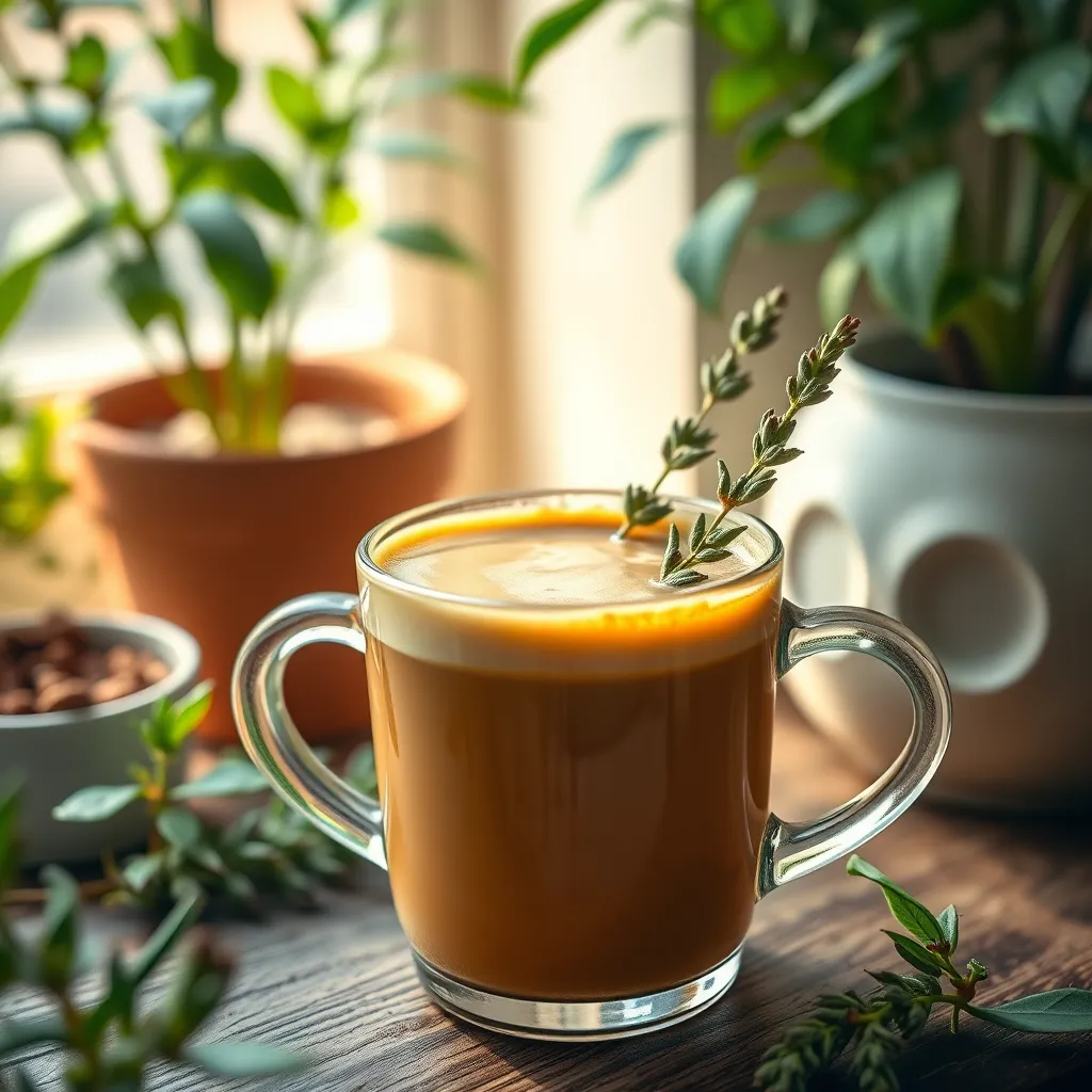 A vibrant close-up of a cup of bulletproof coffee infused with adaptogens, garnished with herbal sprigs. The background features a cozy, plant-filled nook, emphasizing a peaceful environment, with soft natural light illuminating the scene.