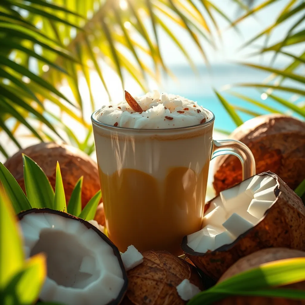 A vibrant cup of Bulletproof Coffee surrounded by fresh coconuts, tropical leaves, and a hint of sunlight, showcasing a creamy texture with bits of shredded coconut on top, evoking a tropical paradise and a refreshing start to the day.