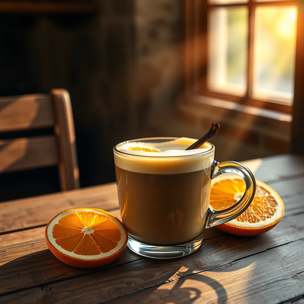 A vibrant cup of Bulletproof coffee with a hint of orange peel and vanilla, sitting on a rustic wooden table. The coffee is topped with a frothy layer, accented by slices of fresh oranges and a delicate vanilla bean. Sunlight beams through a nearby window, casting a warm glow on the scene.