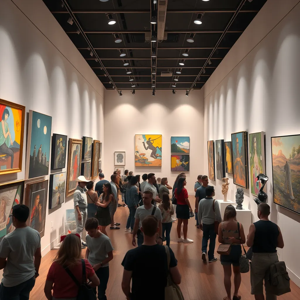 A vibrant digital gallery space featuring a variety of contemporary artworks on the walls, including abstract paintings, mixed media sculptures, and installations. The gallery is bustling with enthusiastic visitors admiring the art, with soft lighting enhancing the colors of the artworks.