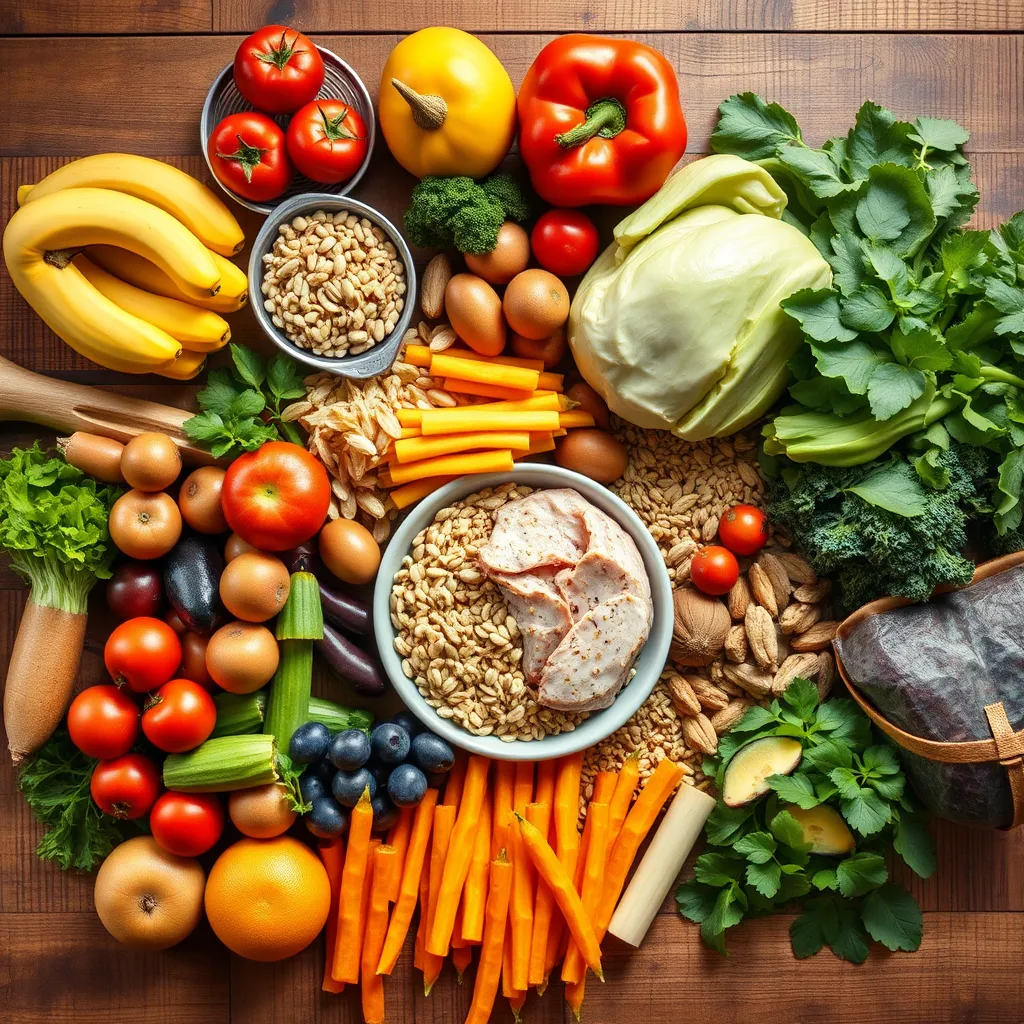 A vibrant flat lay of a colorful spread of whole foods including fruits, vegetables, whole grains, nuts, and lean proteins on a rustic wooden table. Natural light illuminates the scene, showcasing the freshness and variety of the ingredients.