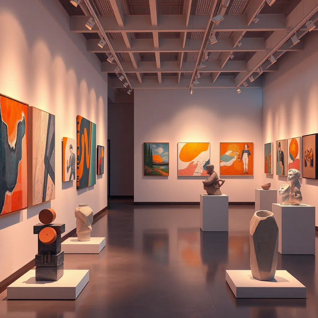 A vibrant gallery setting showcasing various contemporary art pieces, including abstract paintings, geometric sculptures, and mixed media installations. The lighting is soft and warm, drawing attention to the textures and colors of the artworks displayed on the walls and pedestals.