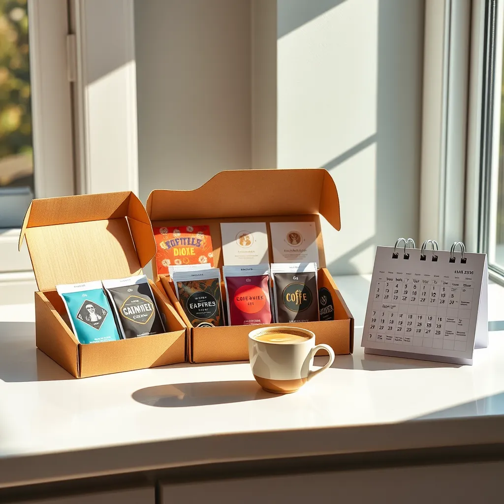 A vibrant image depicting a variety of coffee subscription boxes opened on a clean white countertop. Each box contains packets of coffee with unique designs, alongside a steaming cup of coffee and a calendar highlighting a subscription schedule, bathed in natural sunlight.