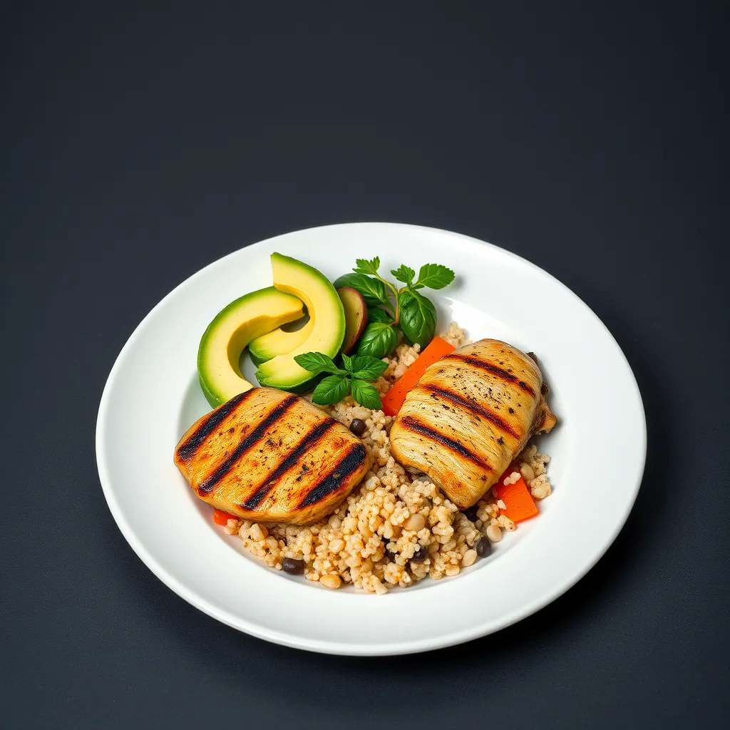 A visually appealing plate displaying a balanced meal with a portion of grilled chicken, quinoa, colorful steamed vegetables, and ripe avocado. The meal is artfully arranged on a white plate, contrasting beautifully against a dark slate background.