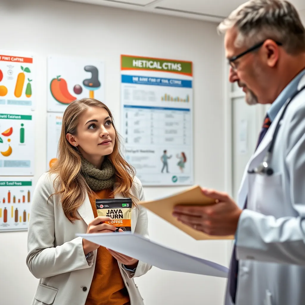 A woman consulting with a healthcare professional in a well-lit medical office, surrounded by health posters and charts. The woman looks curious, holding a packet of Java Burn Coffee, while the doctor reviews her medical history on a clipboard.