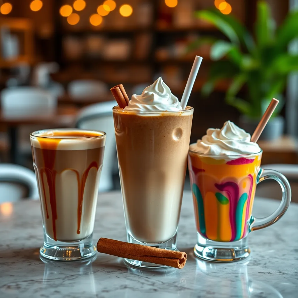 An aesthetically pleasing arrangement of coffee cups with different flavors: a caramel latte with a drizzle of syrup, a spiced chai coffee surrounded by cinnamon sticks, and a colorful smoothie coffee topped with whipped cream. Include a warm café setting in the background.