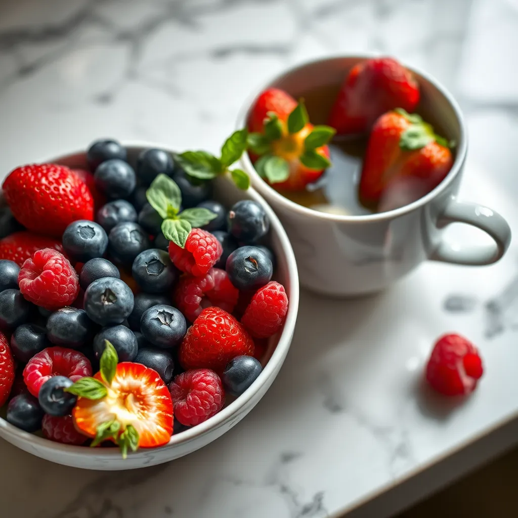 An aesthetically pleasing close-up of a bowl filled with a variety of colorful berries, such as blueberries, strawberries, and raspberries, alongside a steaming cup of green tea, set on a light marble countertop.