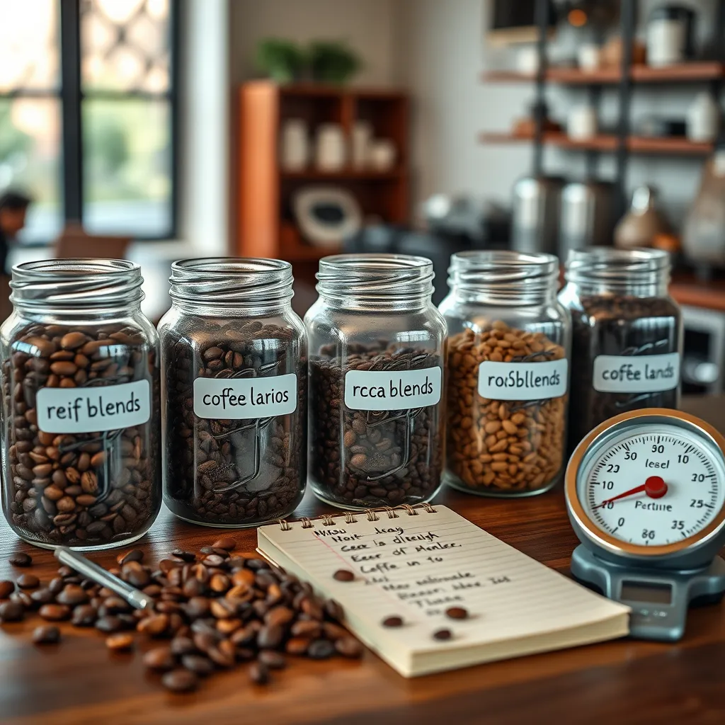An aesthetically pleasing layout of different coffee blends in clear jars, each labeled with the specific bean ratios used. Include a notepad with handwritten notes and a scale for measuring, set against a cozy café background.
