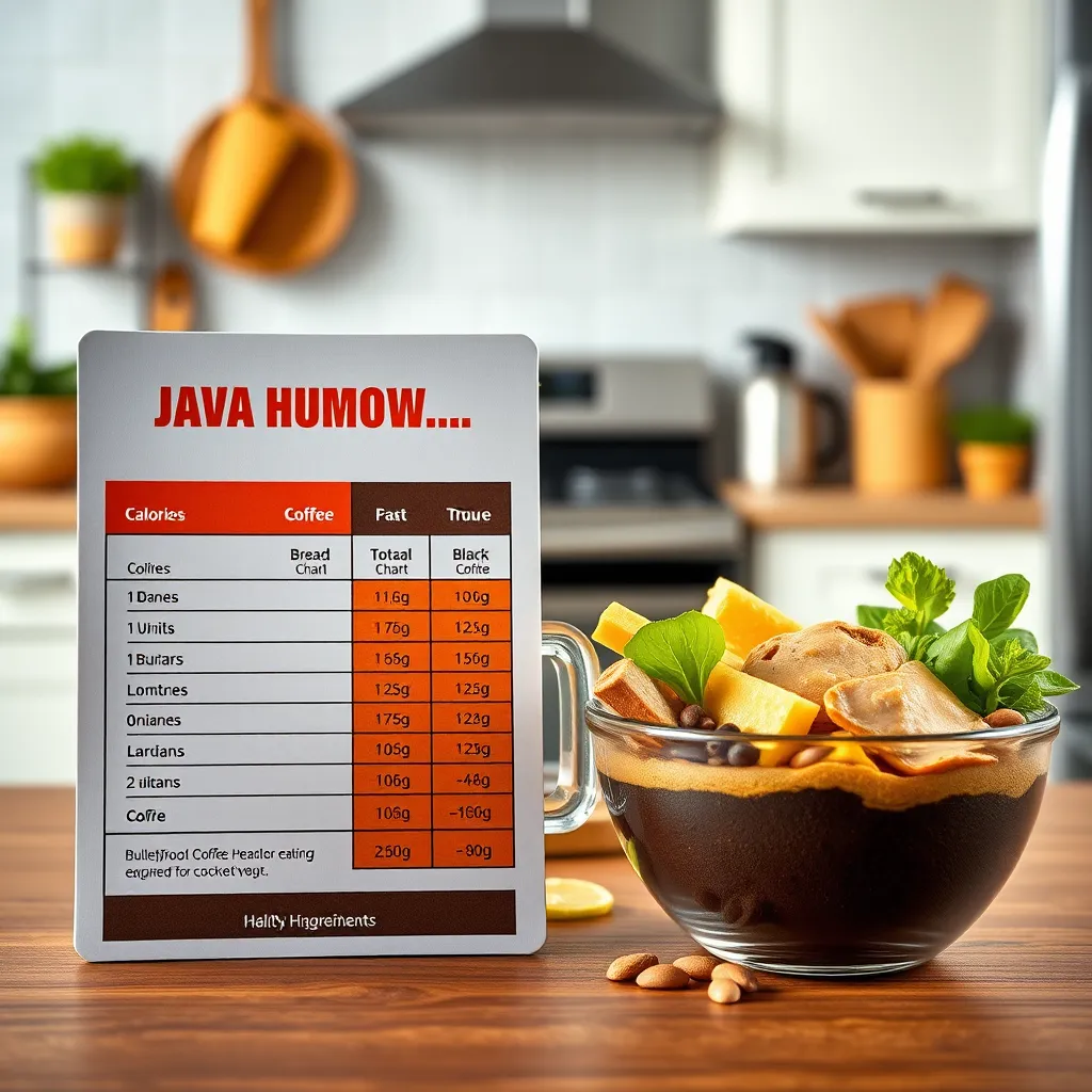 An appealing display of a calorie chart showcasing Java Burn Coffee with a mug of black coffee, versus a bowl of Bulletproof Coffee ingredients, set against a vibrant kitchen backdrop that emphasizes healthy eating.